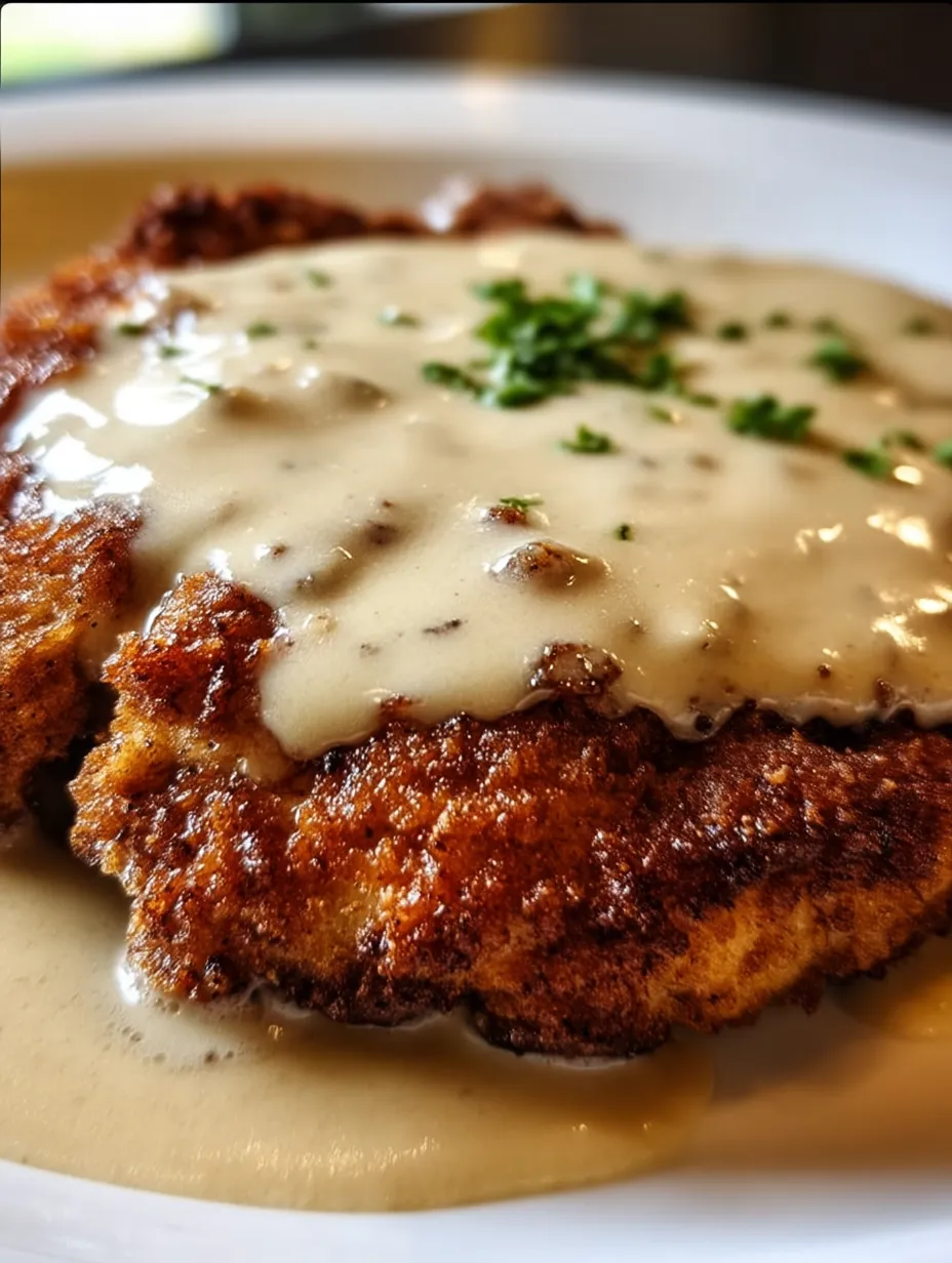 Une assiette de steak frit style poulet avec sauce.