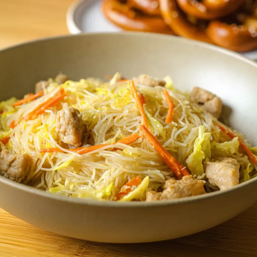 Un bol de pancit avec viande et légumes.