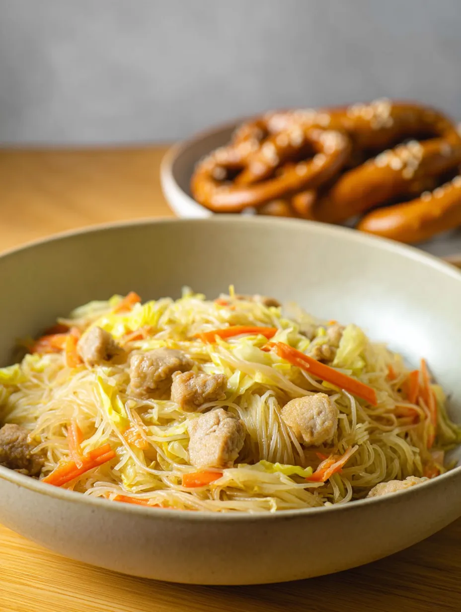 Un bol de nouilles pancit avec viande et légumes.