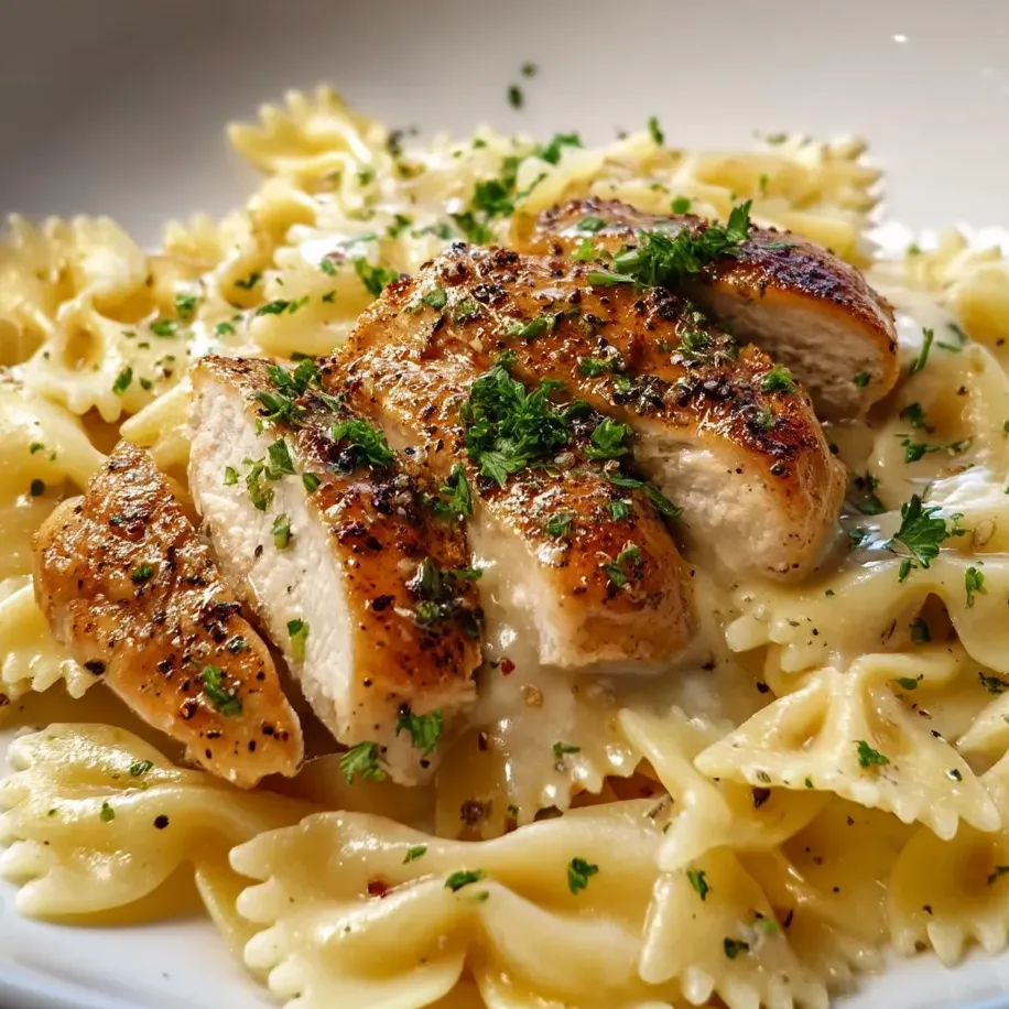 Une assiette de pâtes avec poulet et herbes.