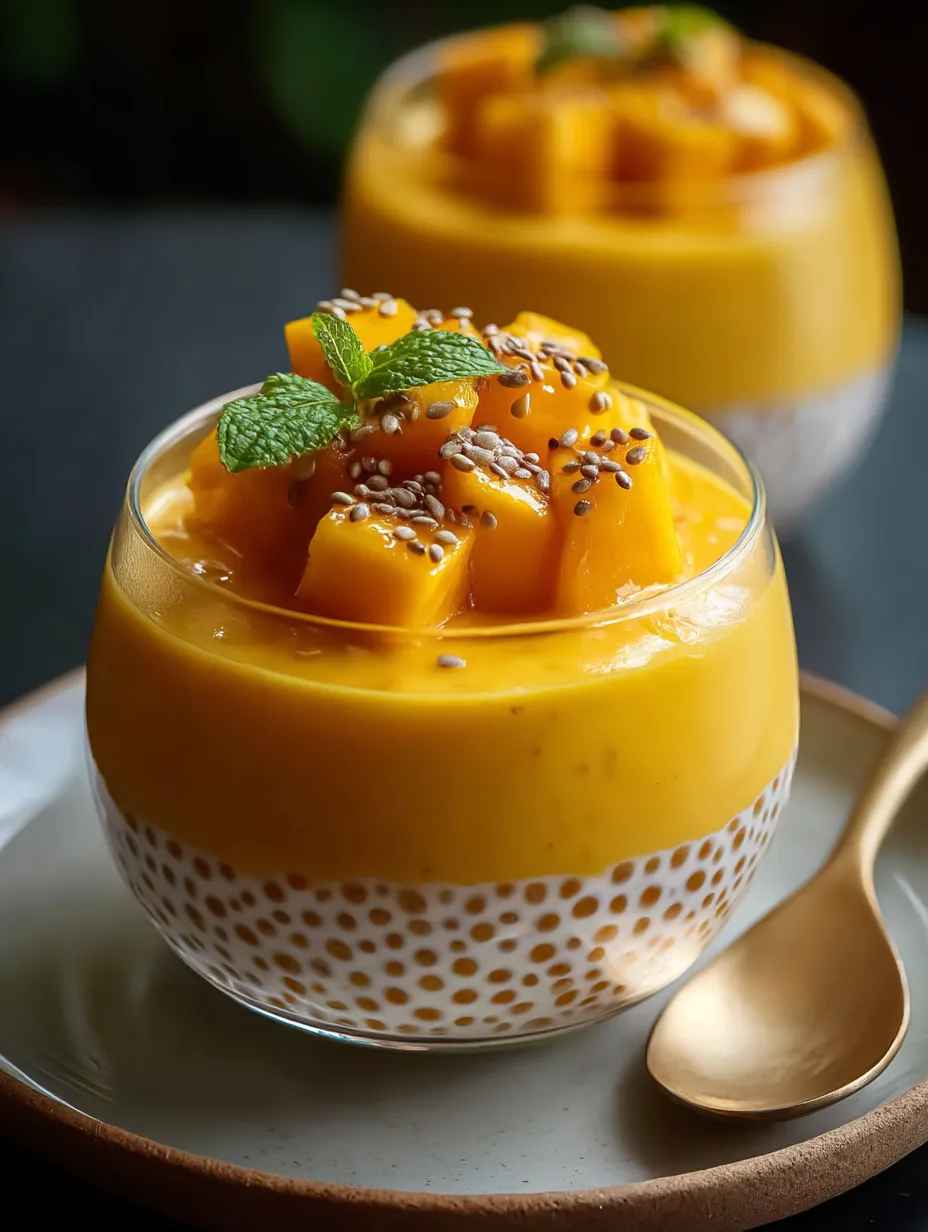 Un bol de dessert mango sago avec une cuillère.