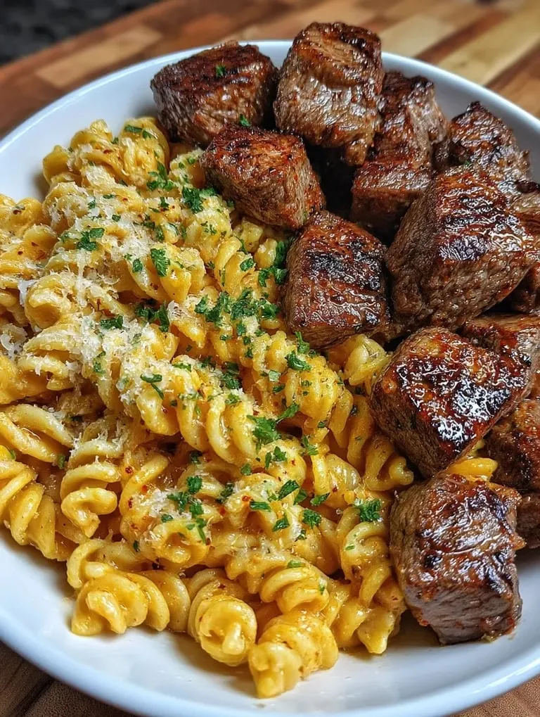 Une assiette avec des bouchées de bœuf au beurre d'ail et des pâtes Alfredo cajun.