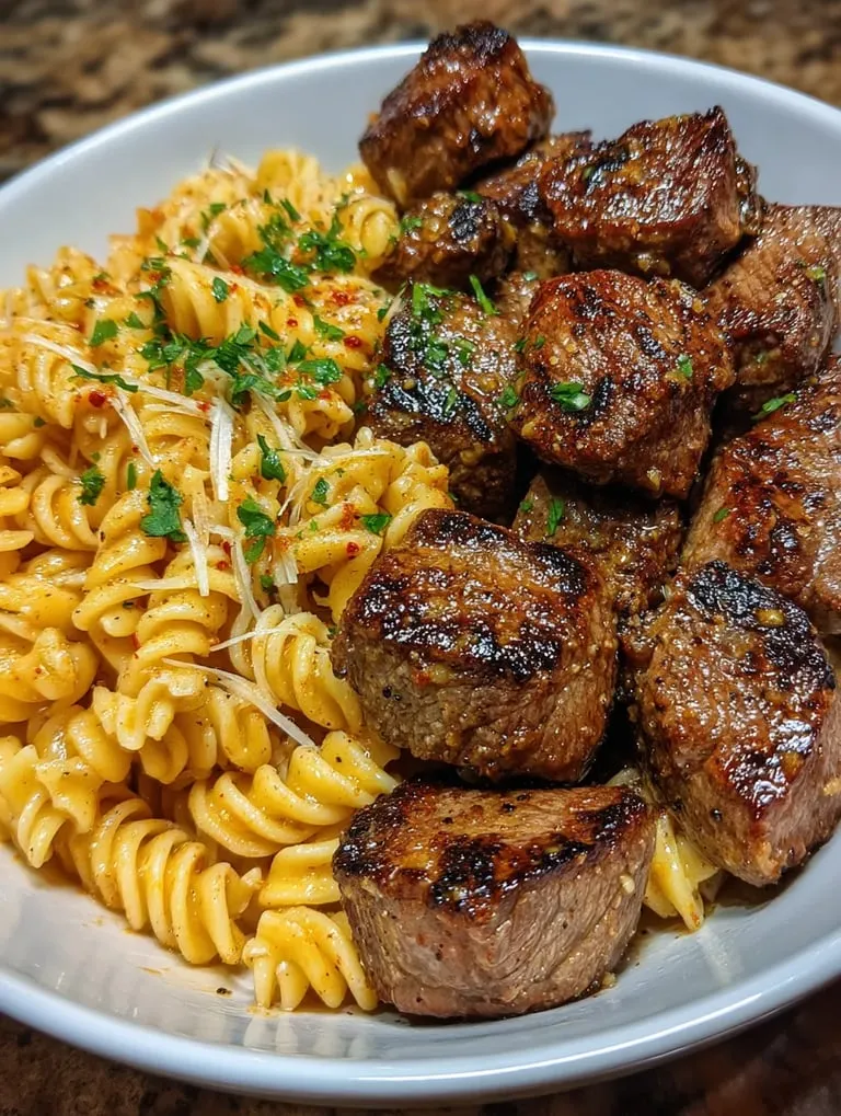 Un bol de pâtes avec de la viande et du beurre à l'ail.