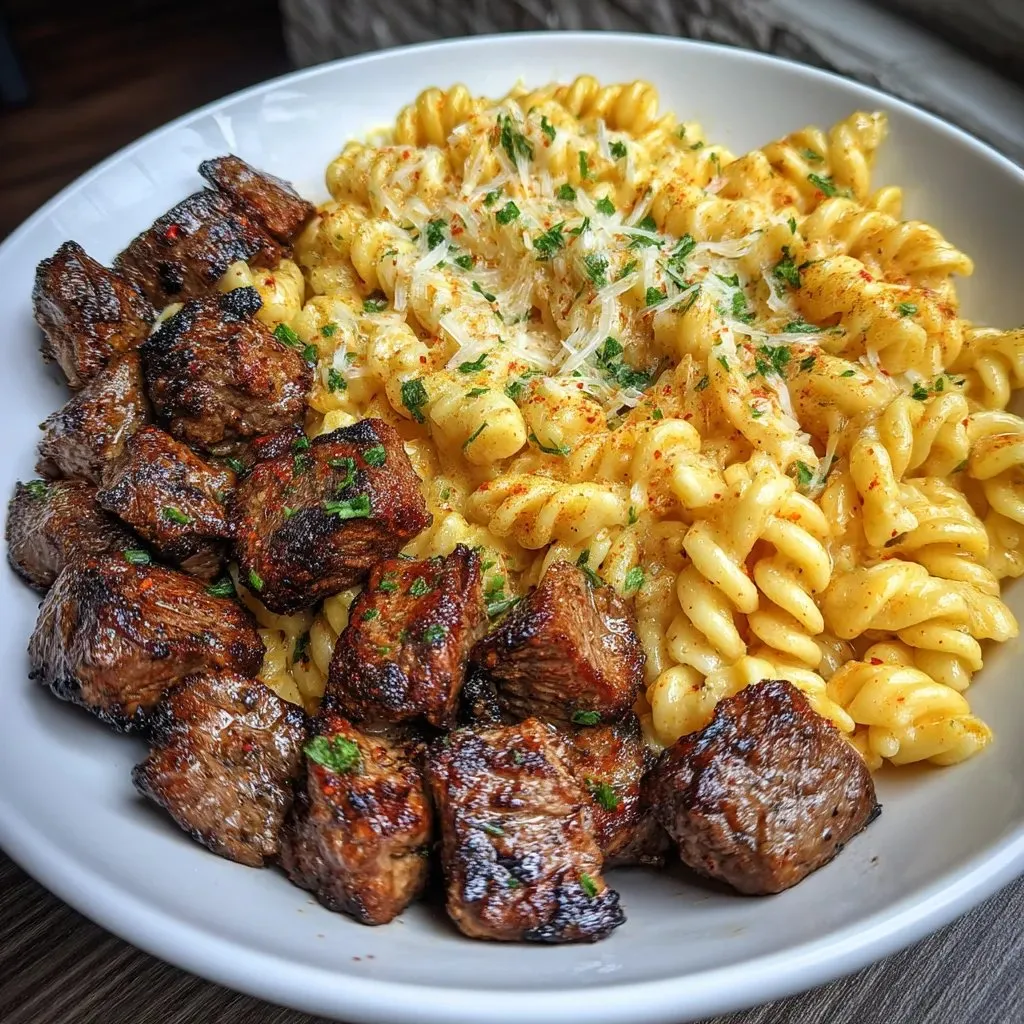 Une assiette avec des morceaux de steak au beurre d'ail et des pâtes alfredo cajun.