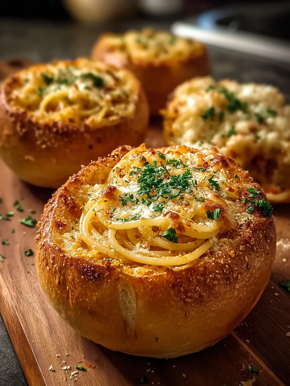 Three garlic bread bowls filled with spaghetti.