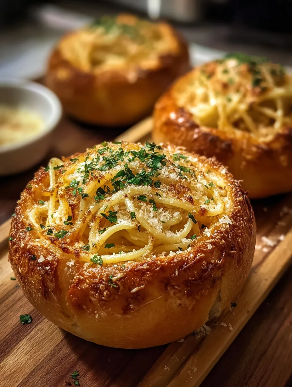 Two bowls of spaghetti garlic bread.
