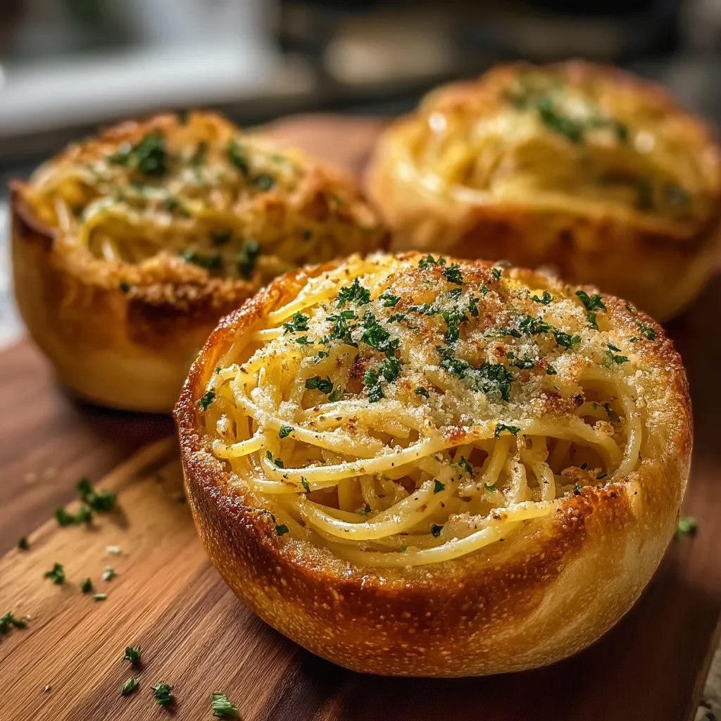 Deux bols de spaghetti dans du pain à l'ail.
