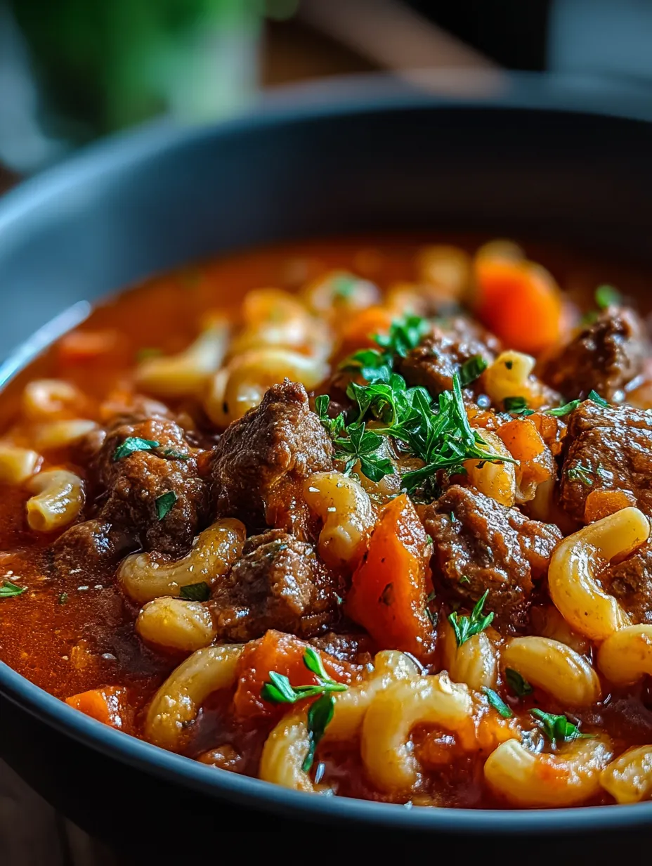 Un bol de Goulash de Grand-mère avec nouilles et viande.