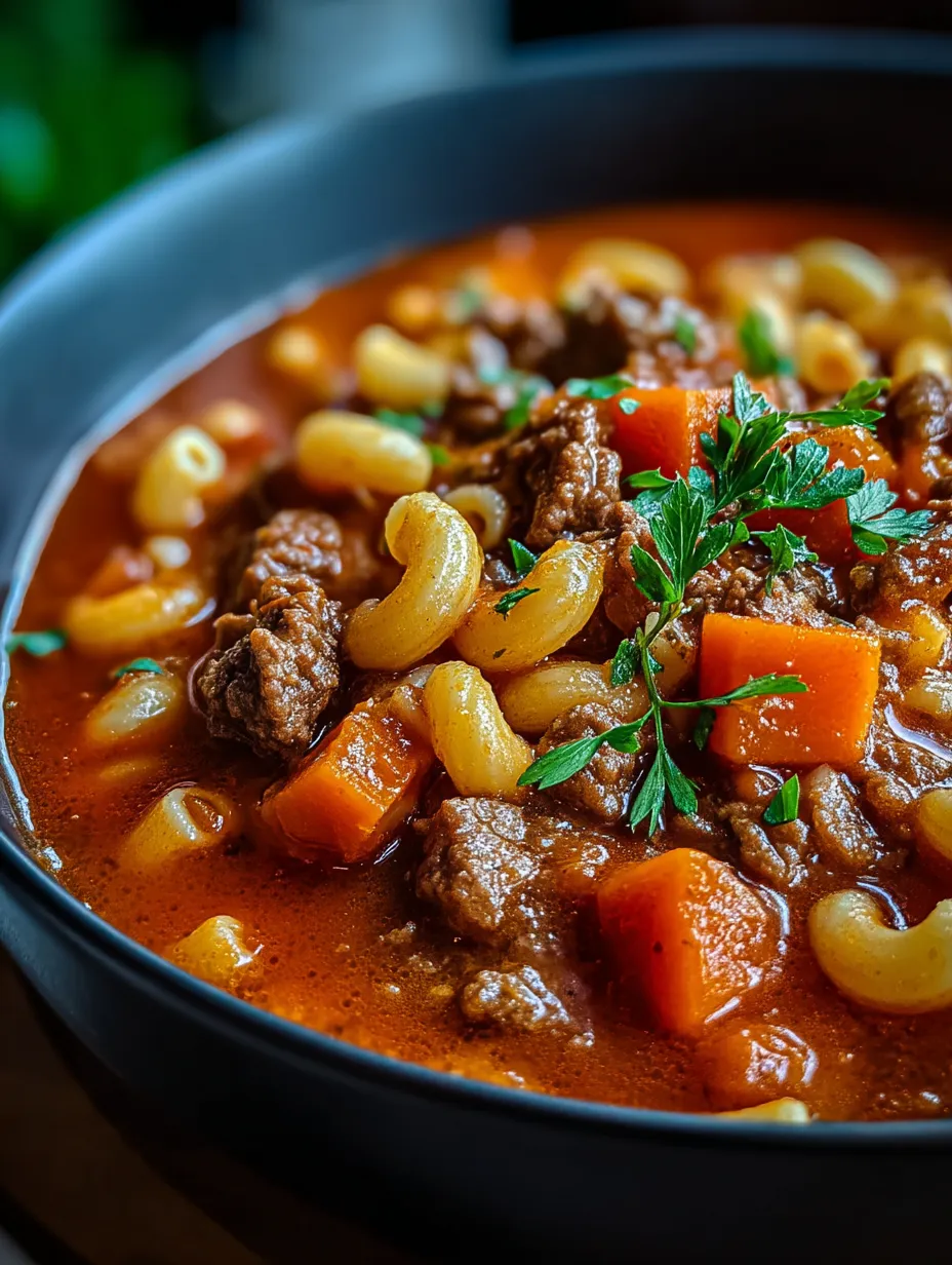 Un bol de Goulash de Grand-mère avec nouilles et viande.