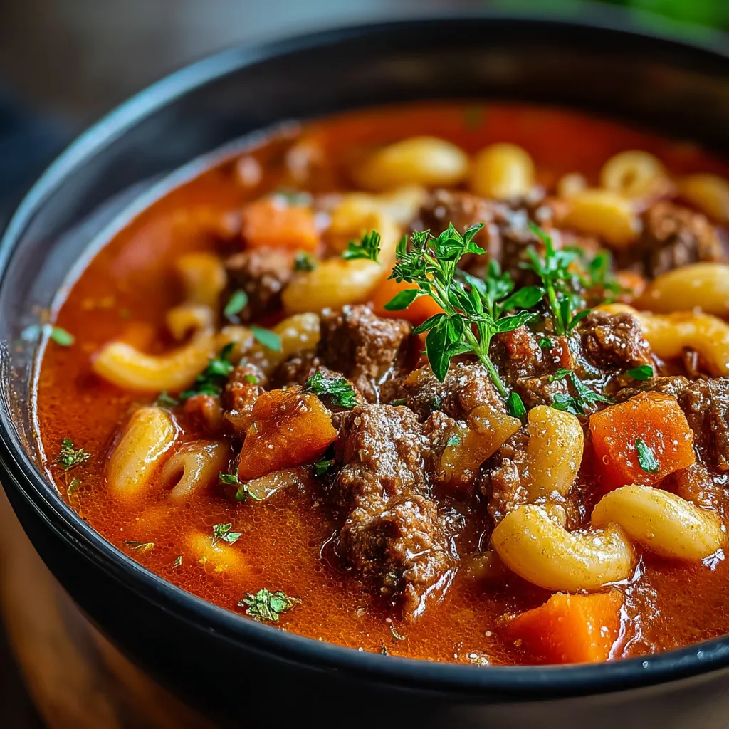 Un bol de Goulash Familial avec pâtes et viande.