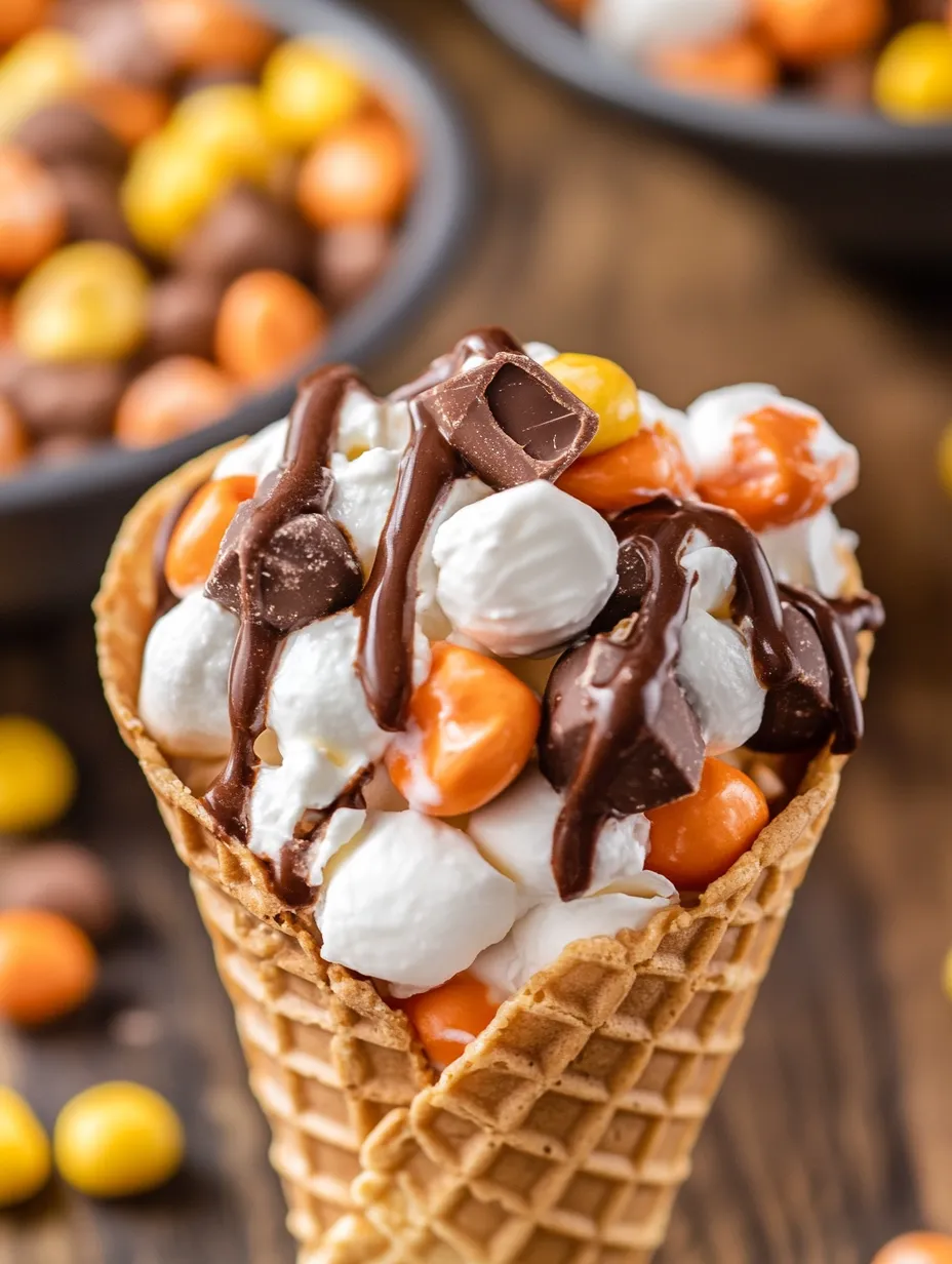 Un délice de Cornet Gourmand Reese's avec garnitures chocolatées et blanches.