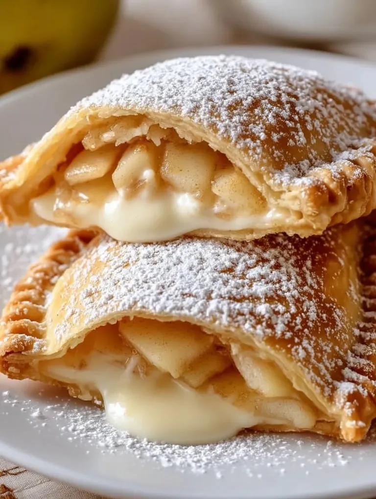 Deux chaussons aux pommes fourrés au cheesecake frits.