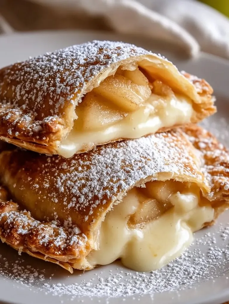 Deux chaussons frits aux pommes fourrés au cheesecake.