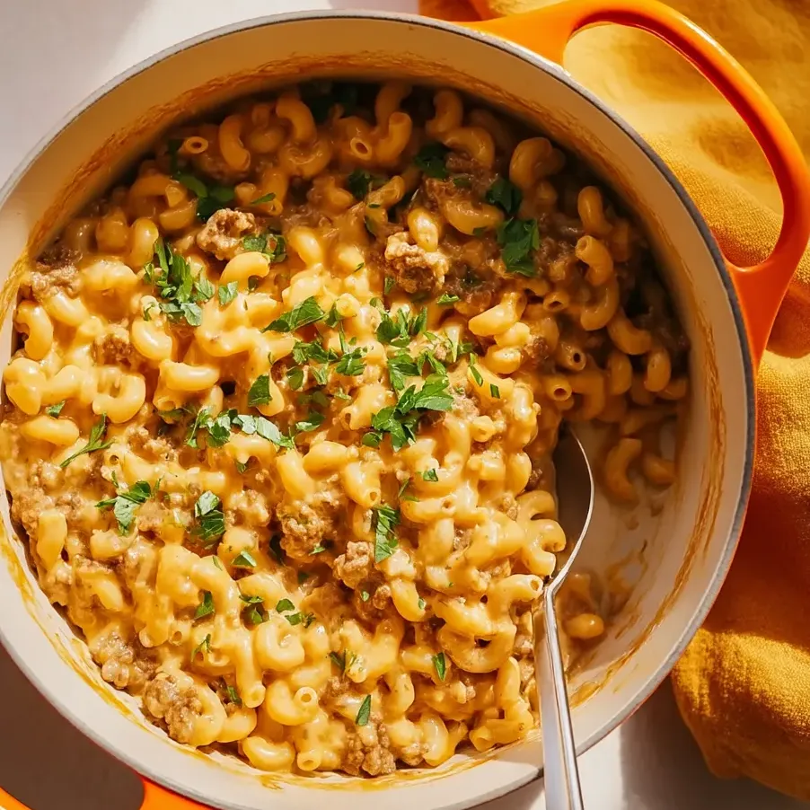 Un bol de macaroni au fromage avec viande et légumes.