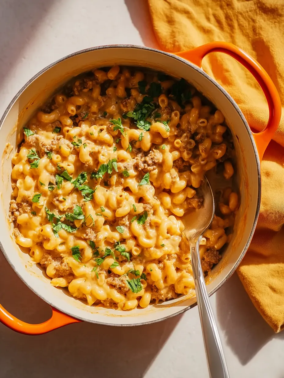 Un plat de macaroni cheeseburger en une casserole.