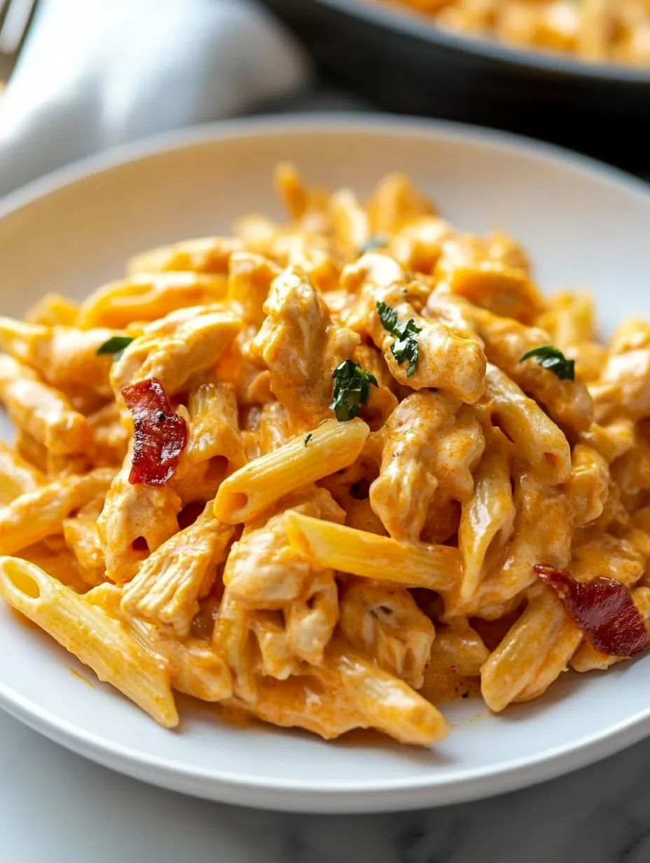 Une assiette de pâtes avec poulet et fromage.