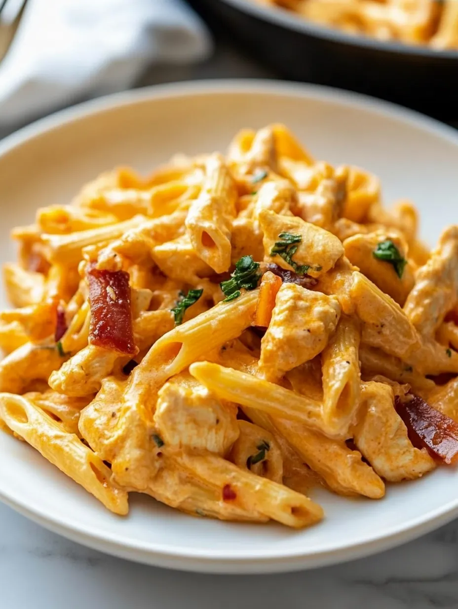 Une assiette de pâtes avec poulet et fromage.
