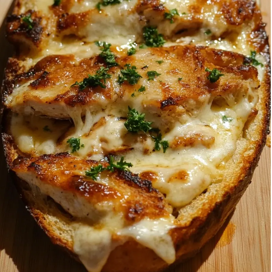 Une tranche de pain à l'ail avec du poulet Alfredo par-dessus.
