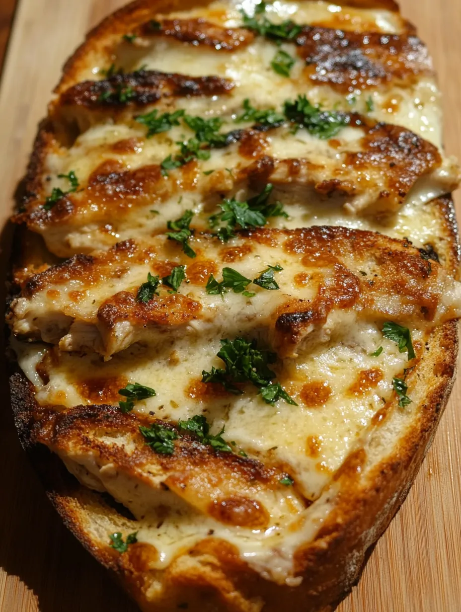 Une tranche de pain à l'ail avec du poulet Alfredo par-dessus.