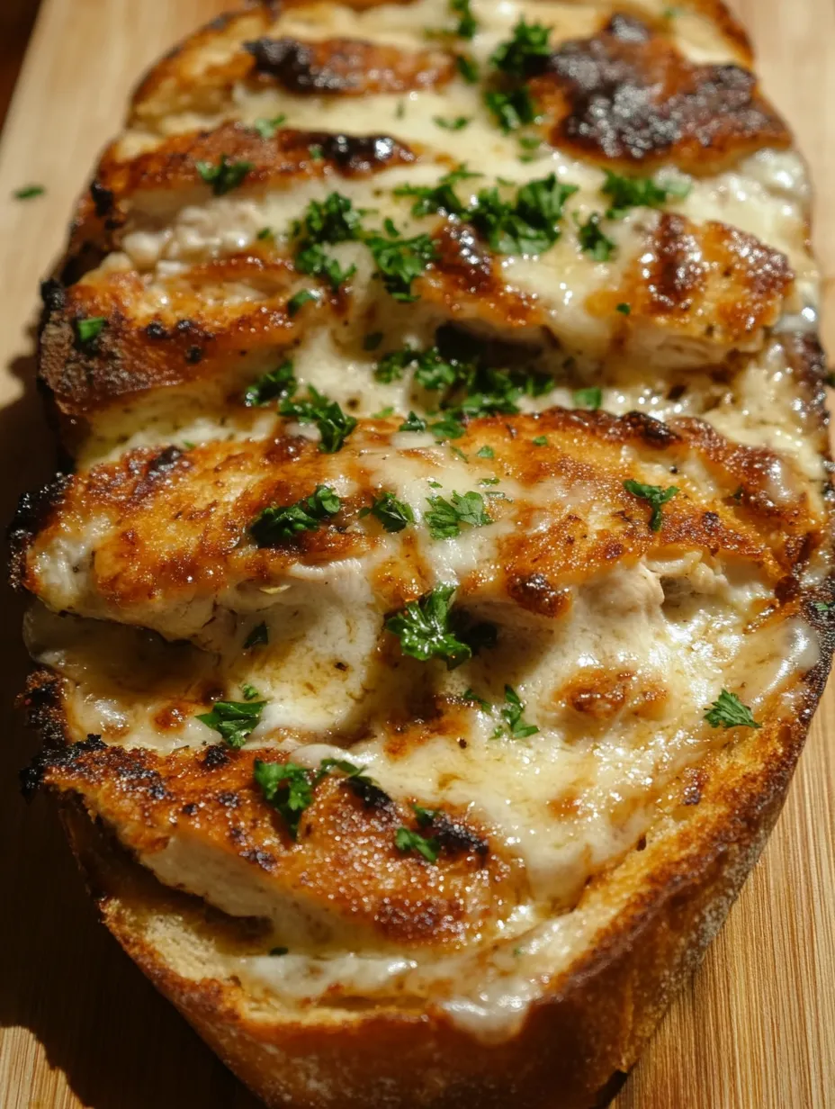 Une tranche de pain à l'ail garnie de poulet alfredo.