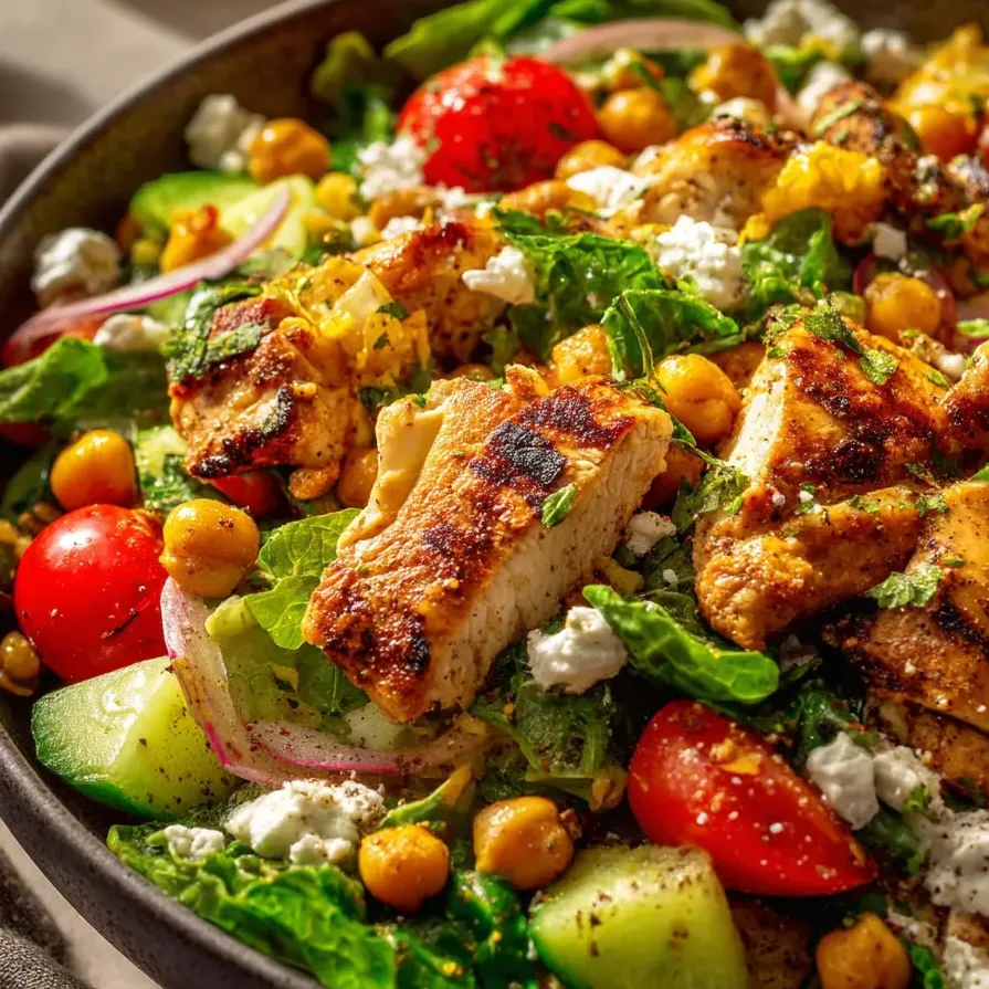 Gros plan d'une salade avec poulet et pois chiches.