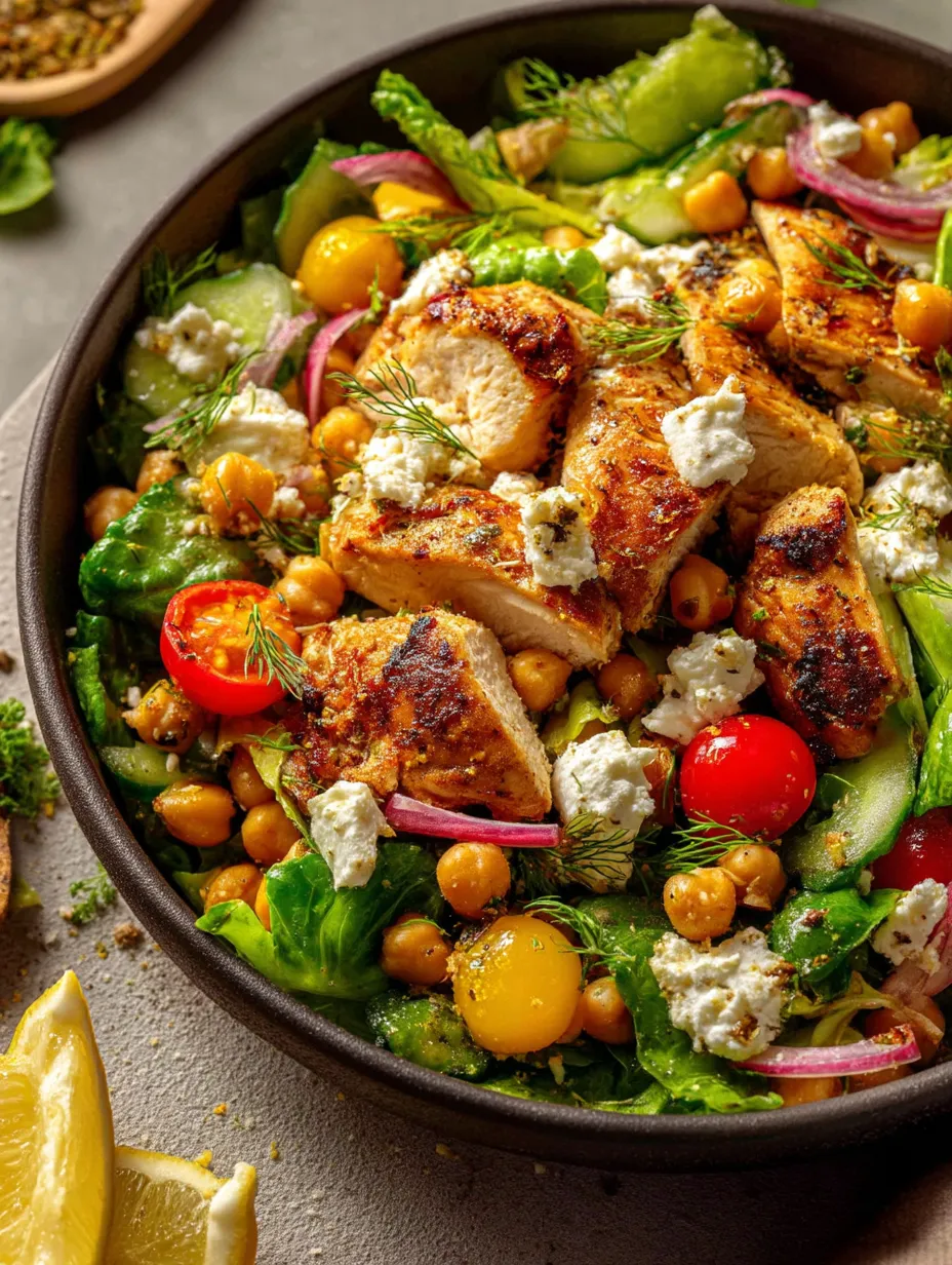 Un bol de salade au poulet et pois chiches.