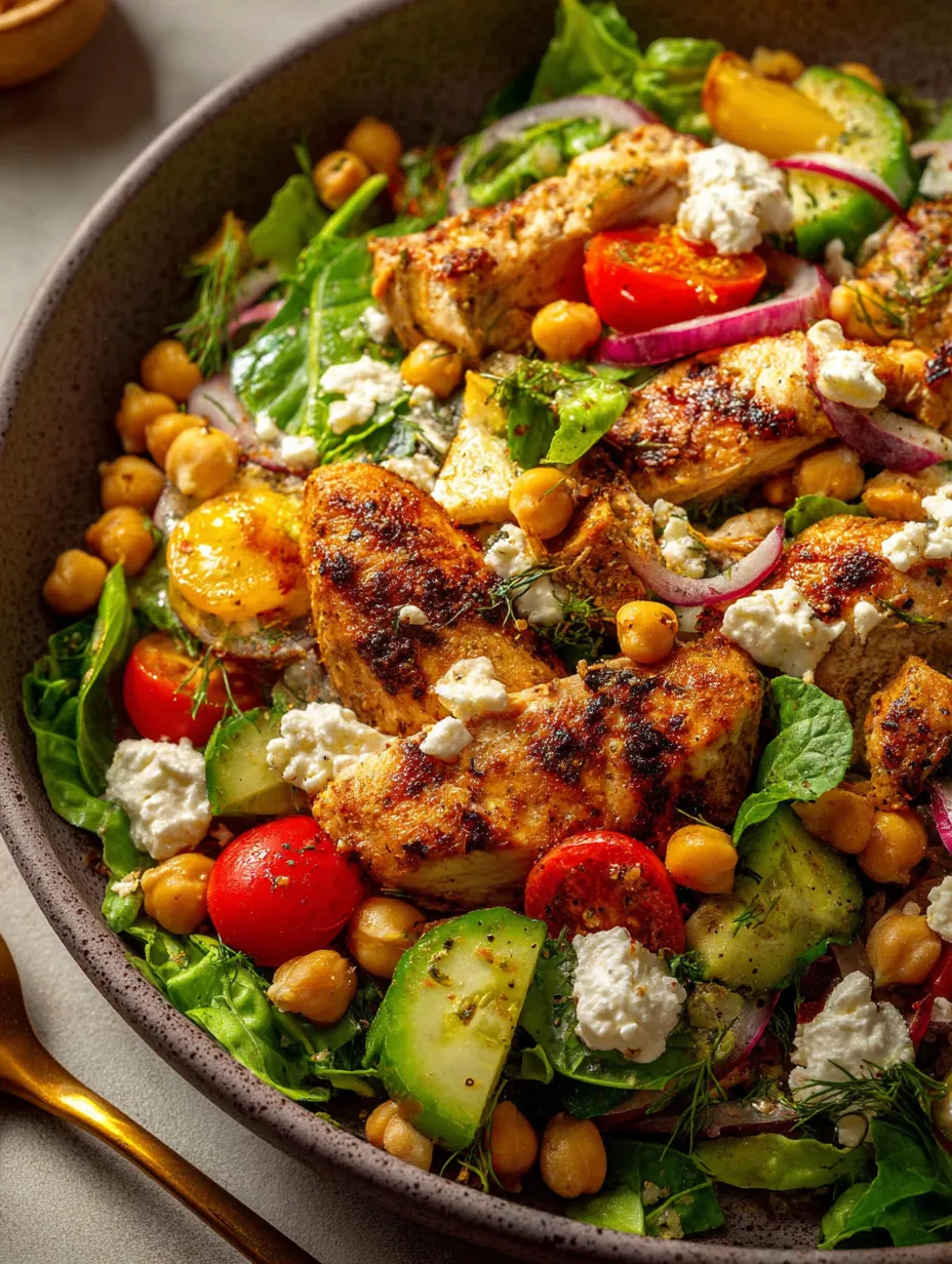 Une délicieuse salade grecque au poulet et pois chiches.
