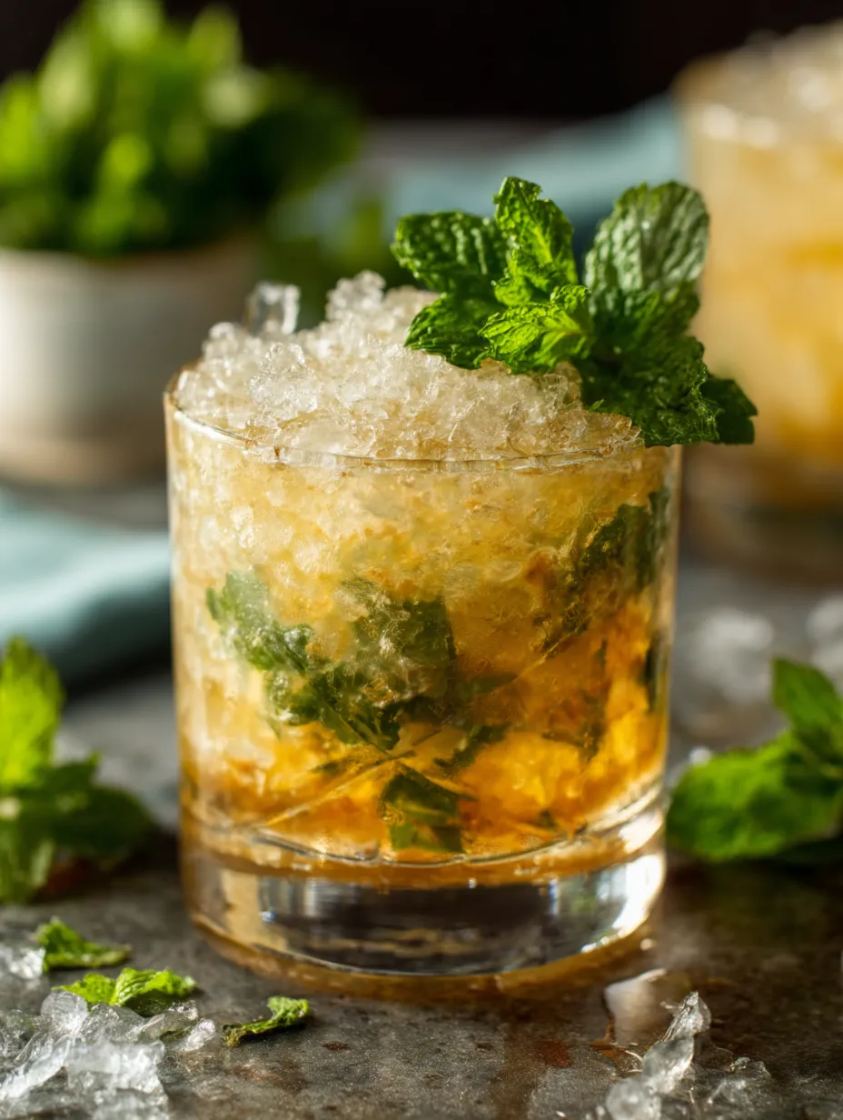 Un verre de julep à la menthe classique avec un brin de menthe sur le dessus.