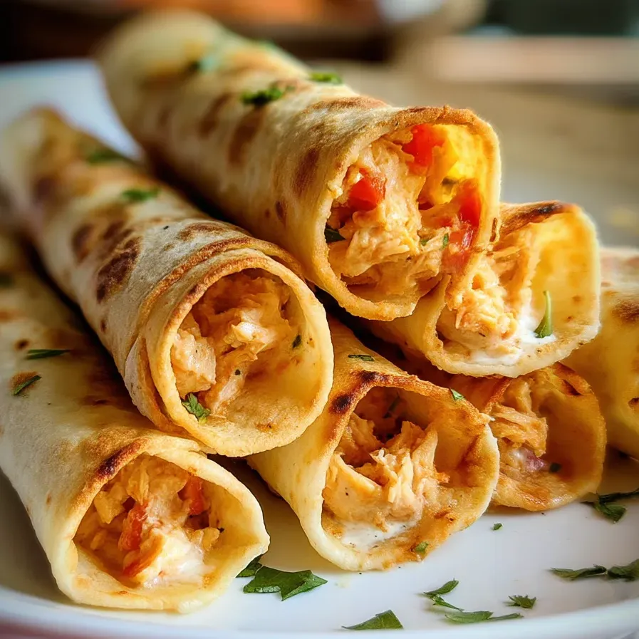 Une assiette de taquitos au poulet et fromage frais cuits au four.