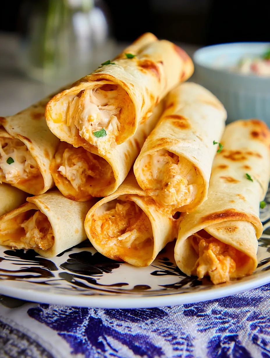 Une assiette de taquitos au poulet et fromage à la crème cuits au four.