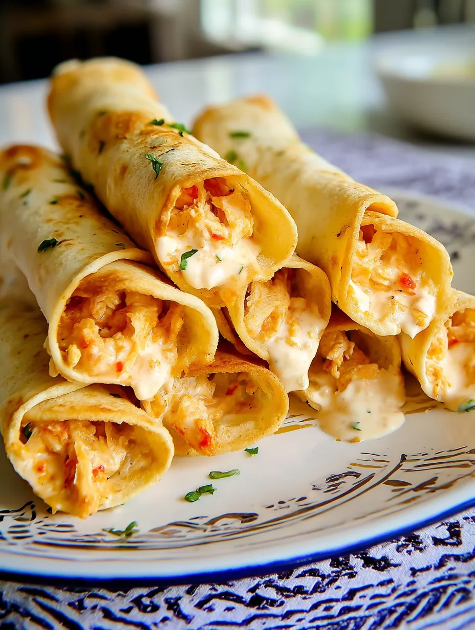 Taquitos au poulet et fromage à la crème cuits au four.