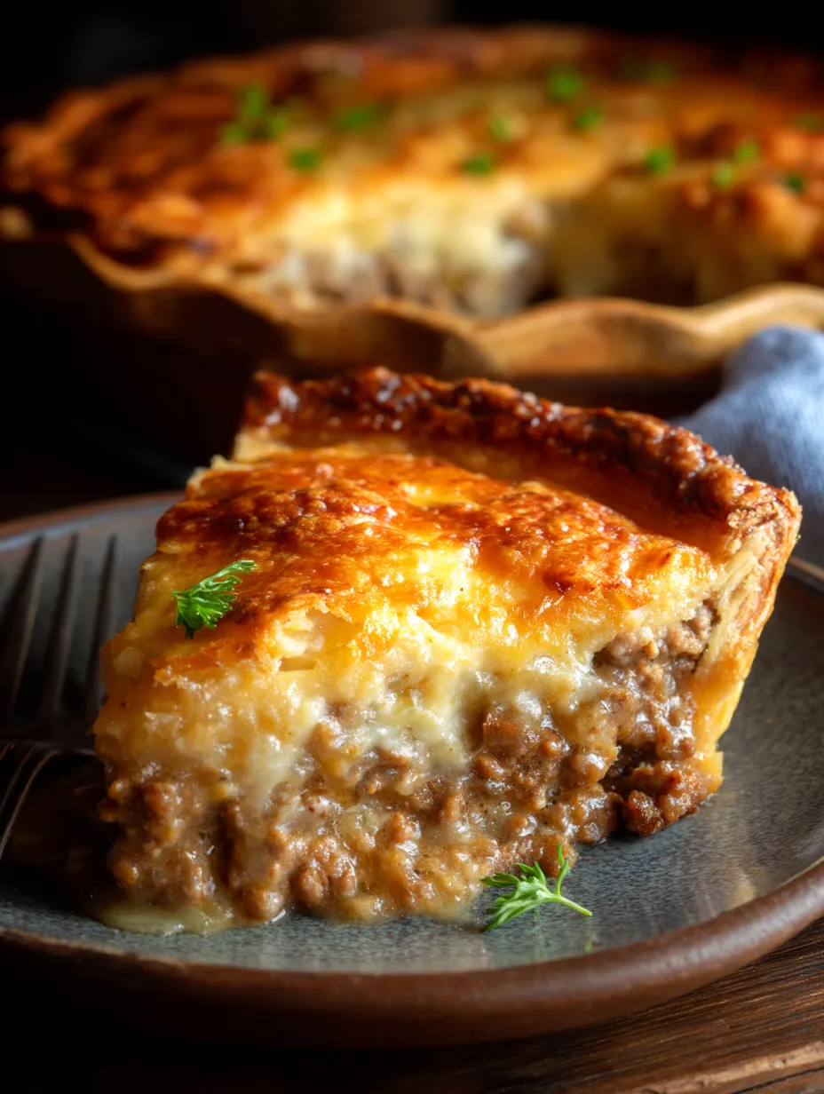 Une tranche de tarte à la saucisse Monterey.