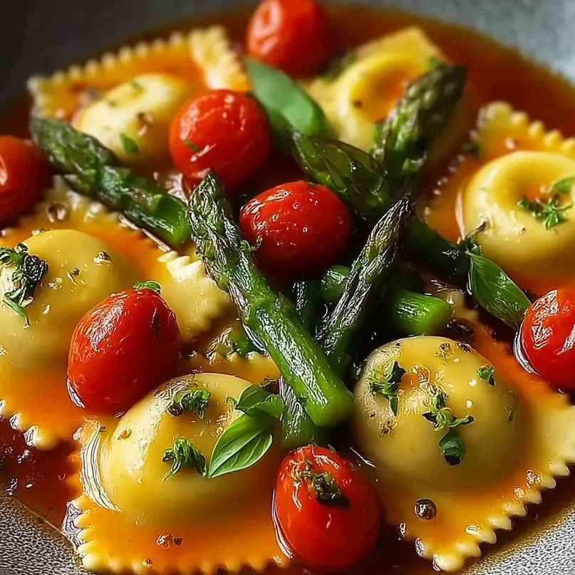 Une assiette de raviolis avec tomates et asperges.