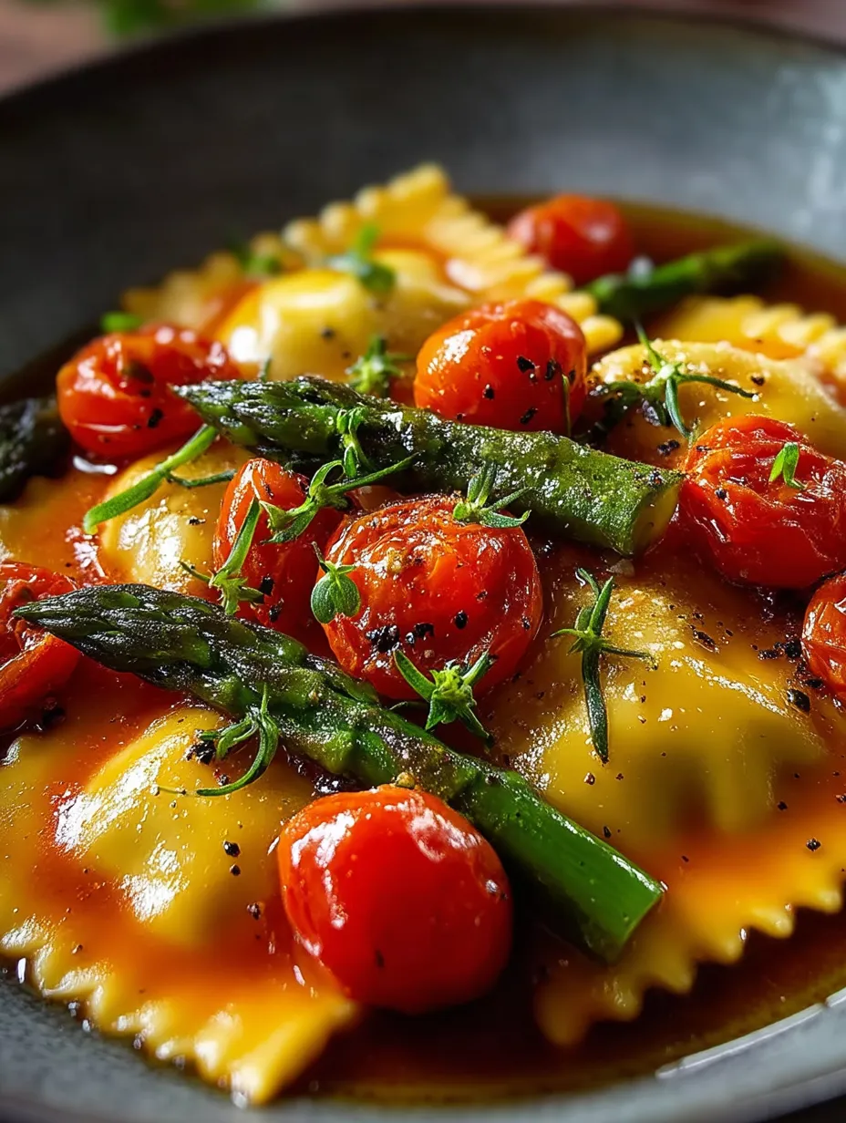 Une assiette de pâtes avec tomates et asperges.