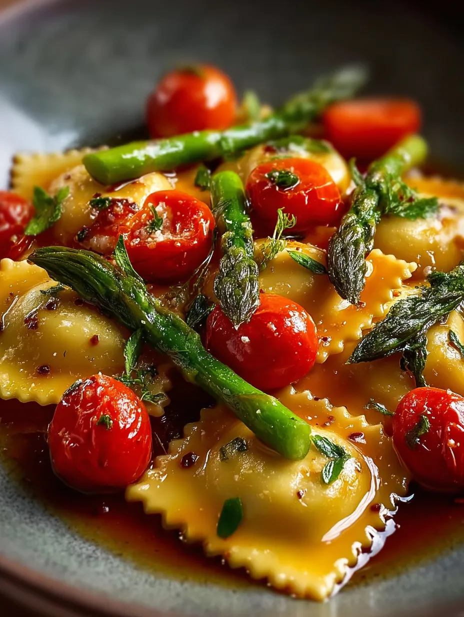Une assiette de pâtes avec tomates et asperges.