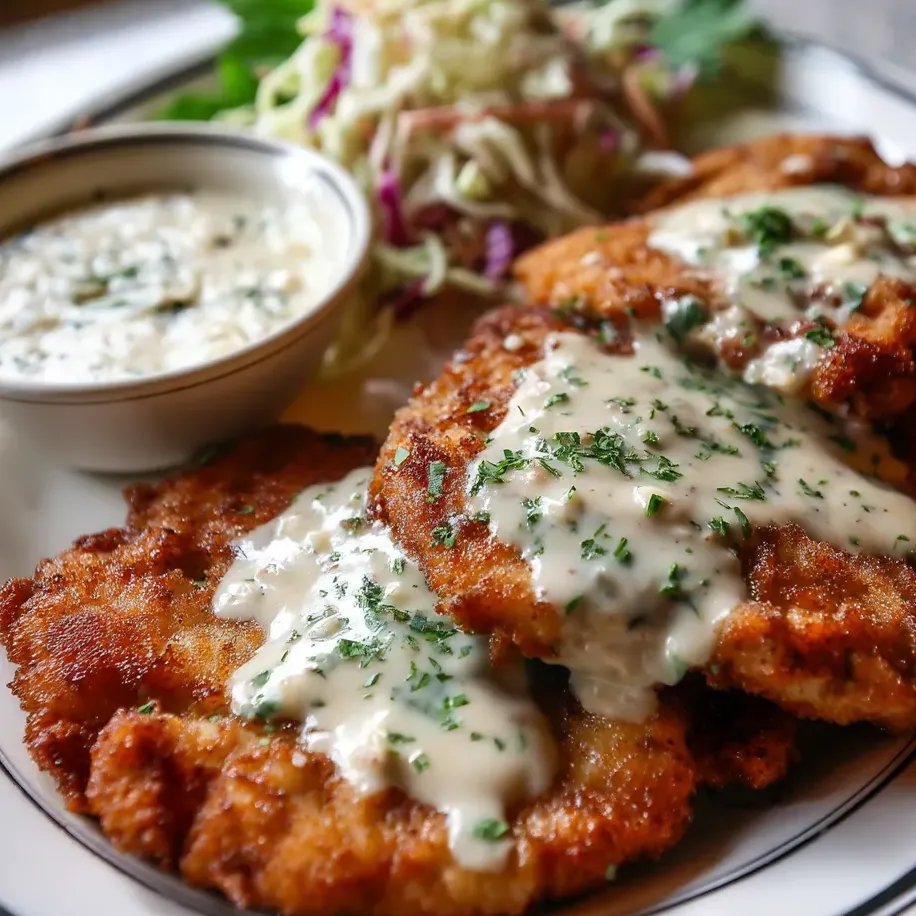 Une assiette de steak frit avec sauce crémeuse.