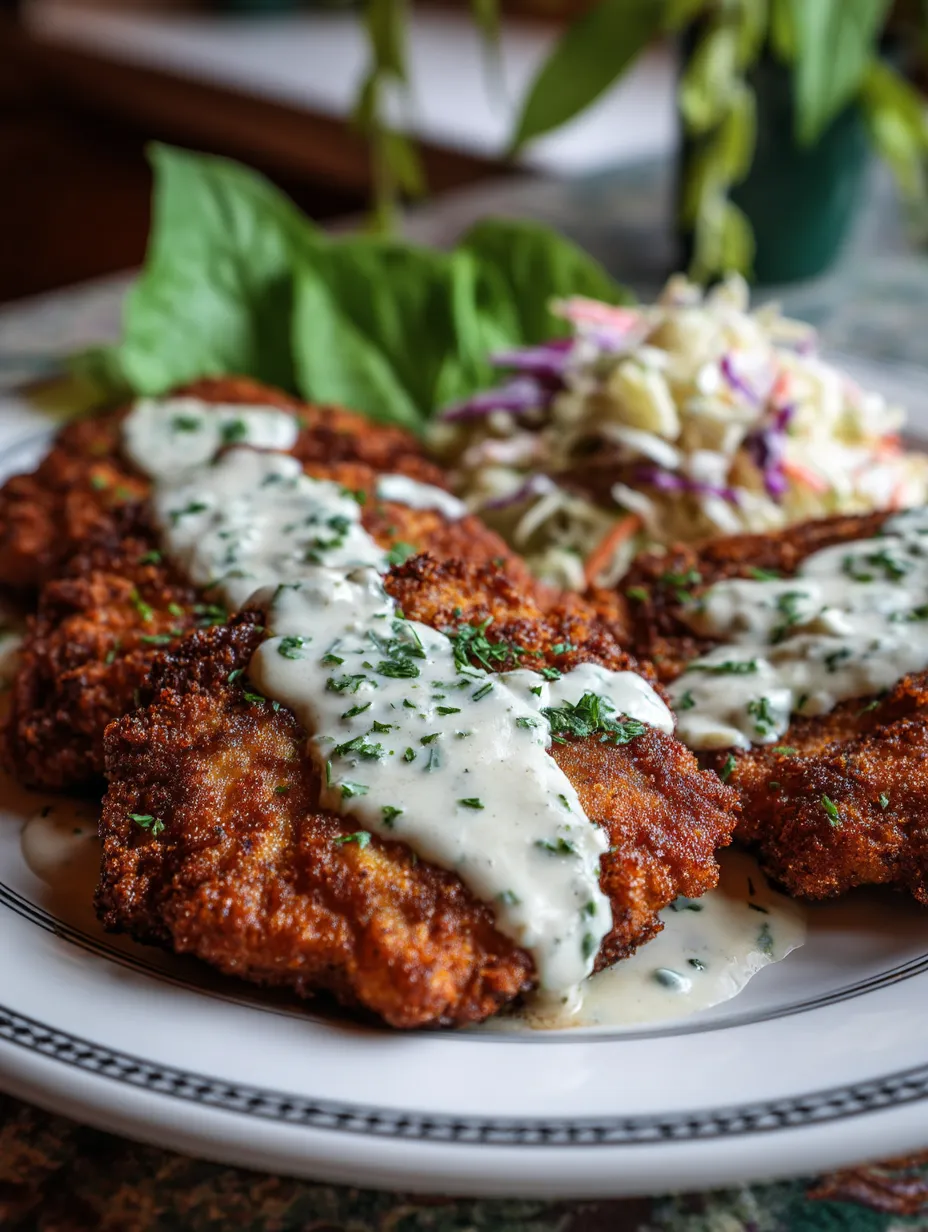 Une assiette de steak frit façon poulet avec sauce campagnarde.