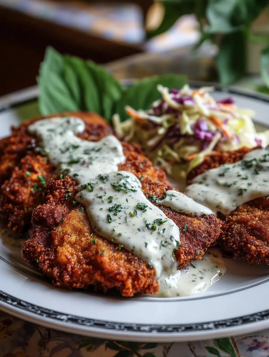Une assiette de steak frit façon poulet avec sauce campagnarde.