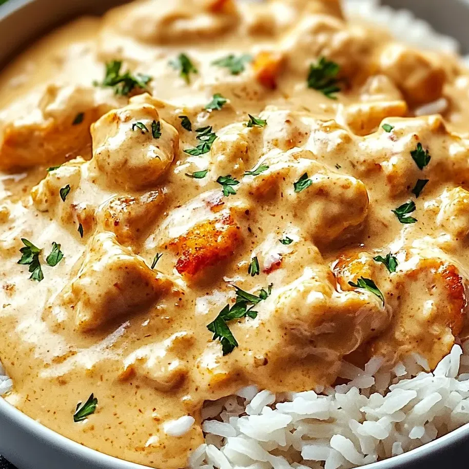 Un bol de poulet crémeux nappé et riz.