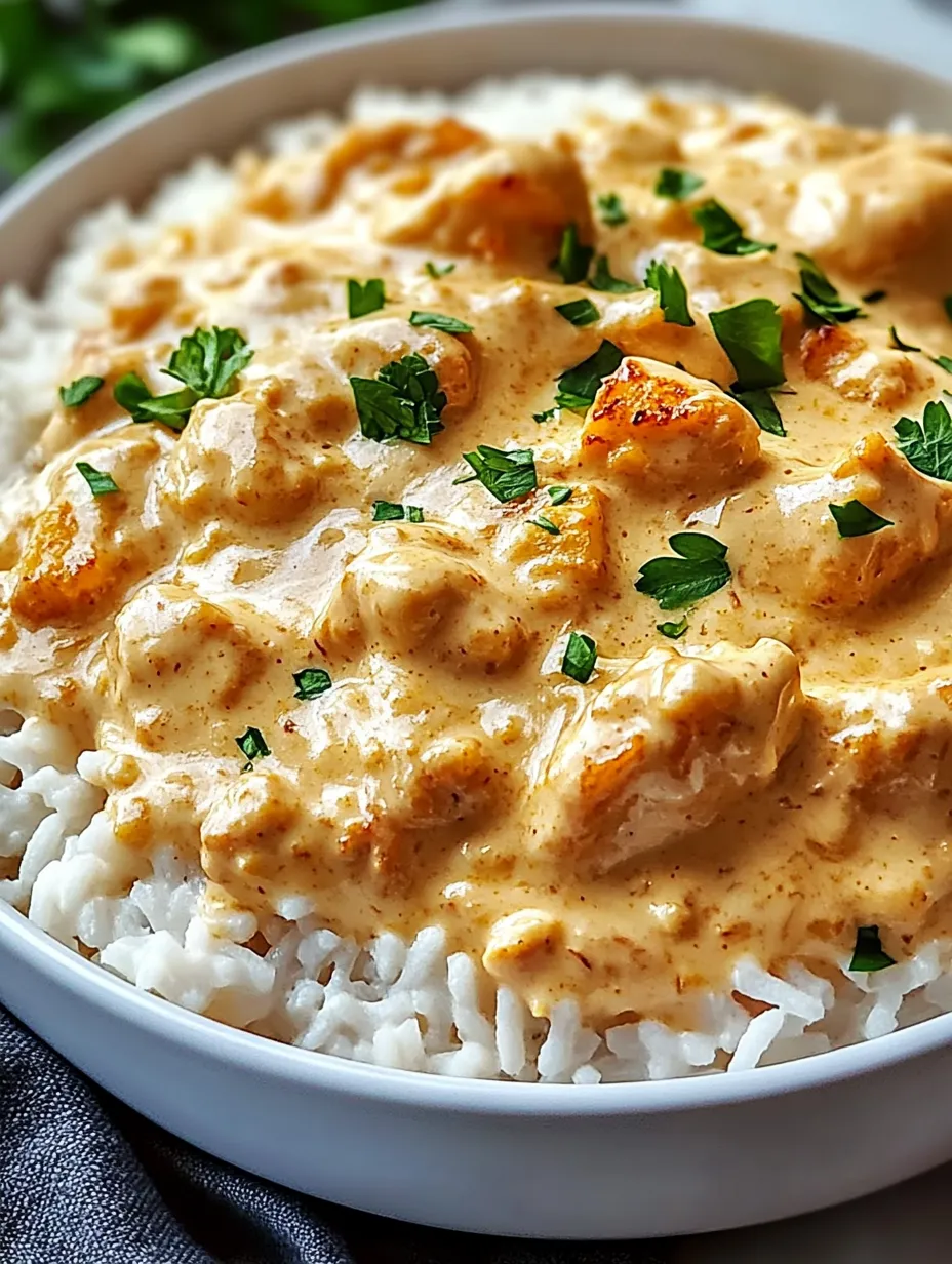 Un bol de riz et poulet avec une sauce crémeuse.