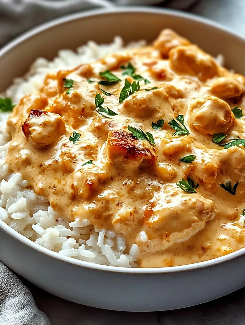 Un bol de riz et poulet avec une sauce crémeuse.