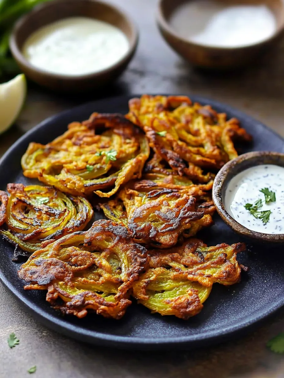 Une assiette de recette de bhaji d'oignon indien.