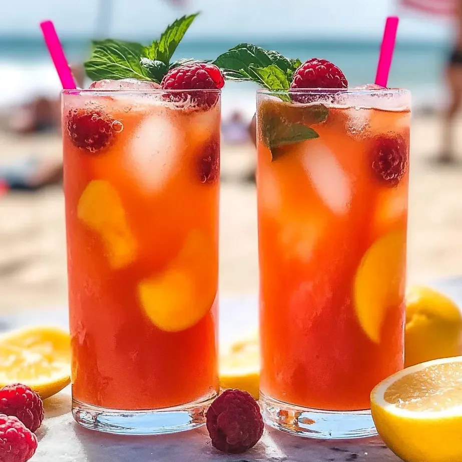 Deux verres de Limonade Framboise Pêche sur une table.