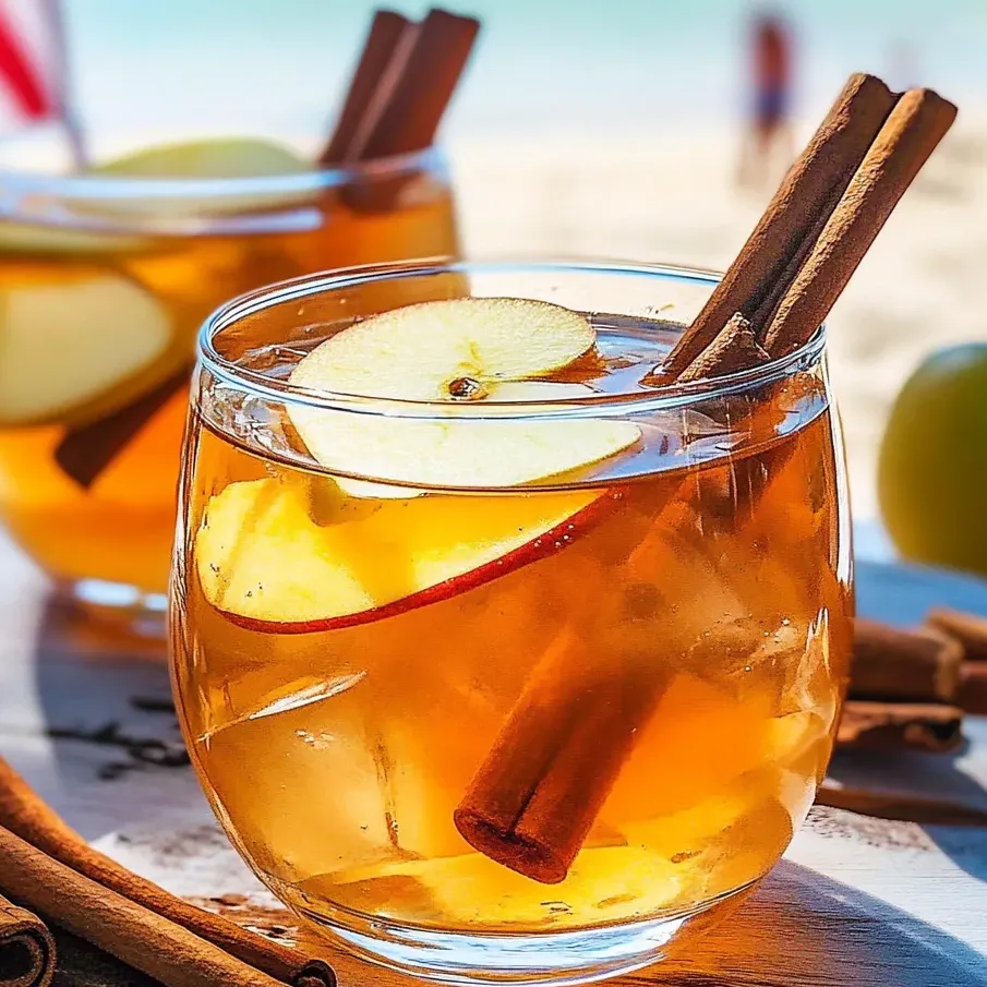 Un verre de thé pomme-cannelle avec un bâton de cannelle dedans.