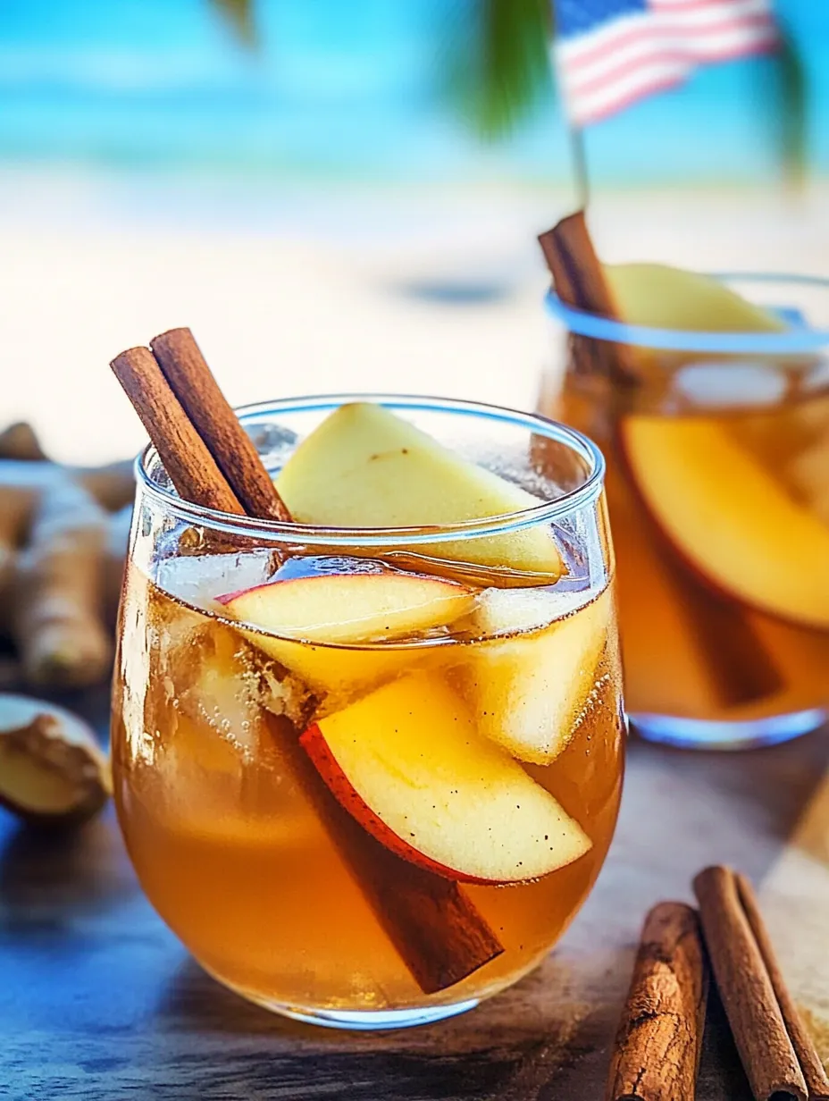 Un verre de thé à la pomme et cannelle avec un bâton de cannelle dedans.