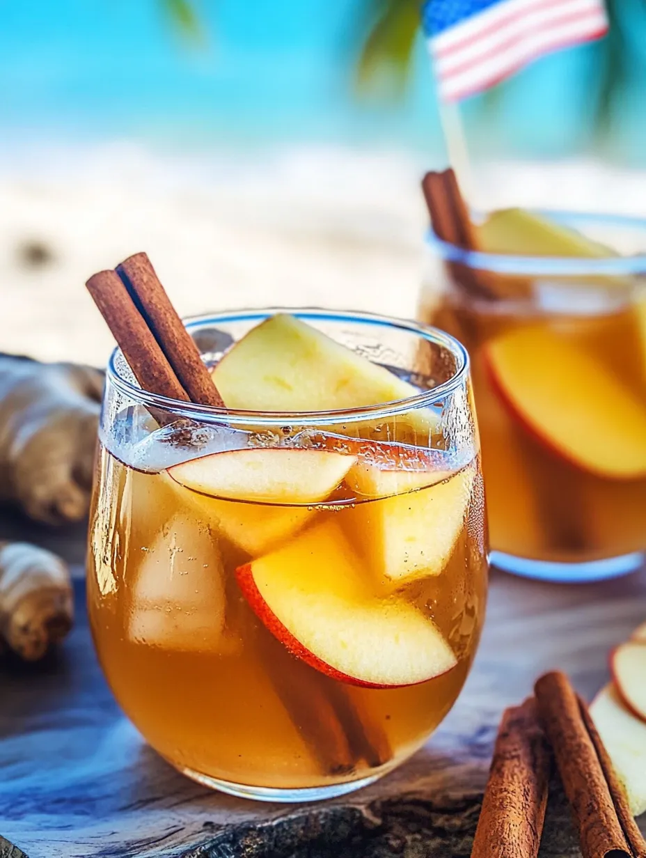 Un verre de thé à la pomme et cannelle avec un bâton de cannelle dedans.