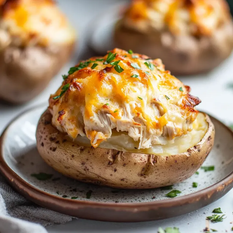 Une assiette avec une pomme de terre au four garnie de poulet et fromage.