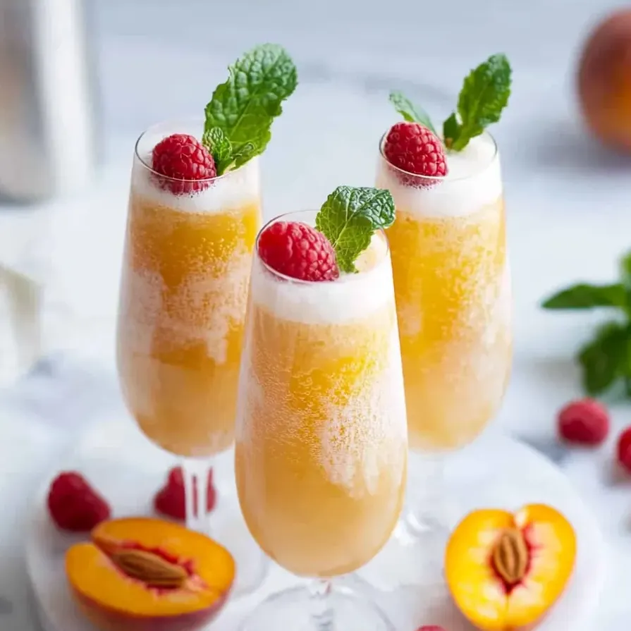 Trois verres de bellini de pêche sans alcool.