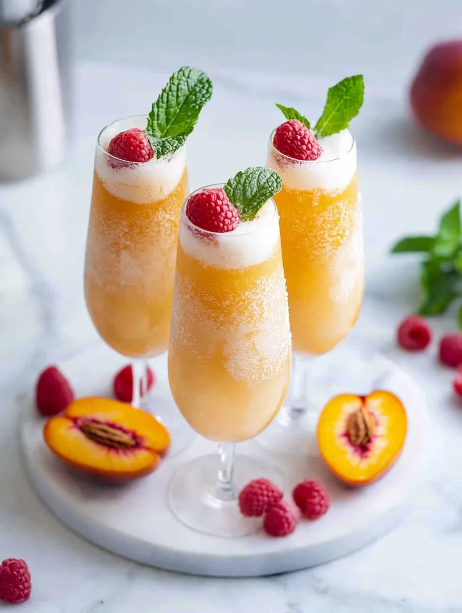 Trois verres de mocktail bellini aux pêches.