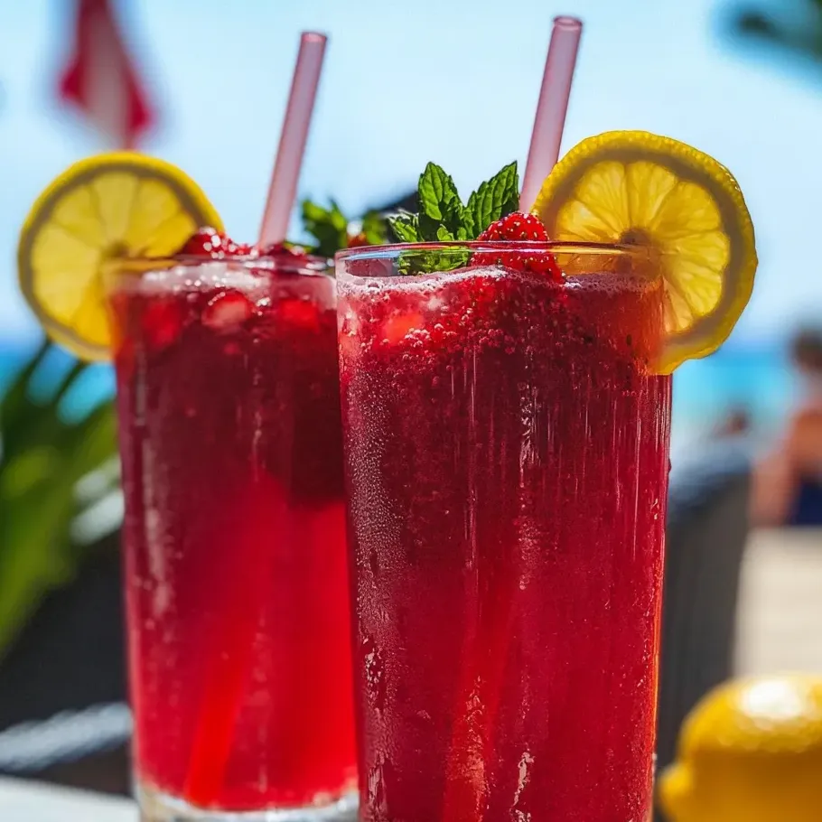 Deux verres de limonade aux fraises avec tranches de citron.